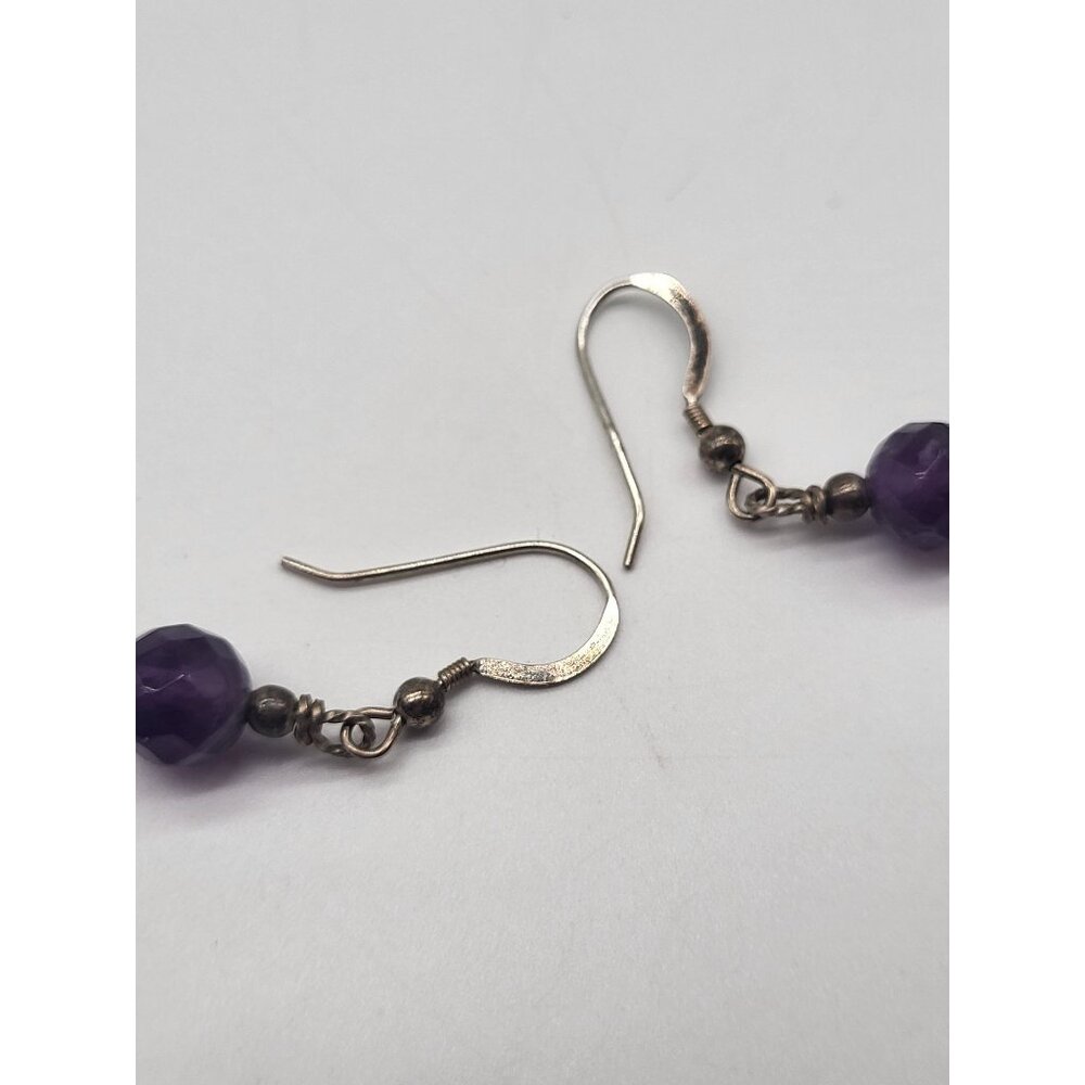 VTG 925 Sterling Silver and Amethyst Faceted Bead Dangle Drop Earrings - Picture 5 of 8